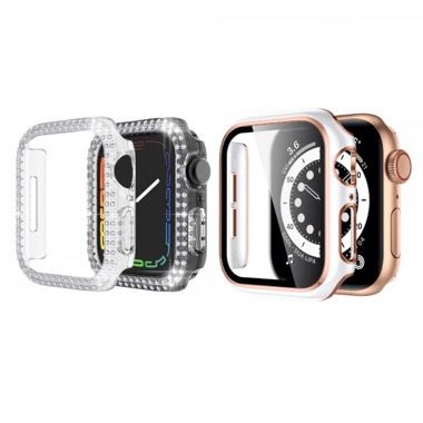 Set 2 huse pentru Apple Watch 4, 5, 6 si SE de 40 mm, rama sticla si bumper cu strasuri, roz-alb si transparent 7