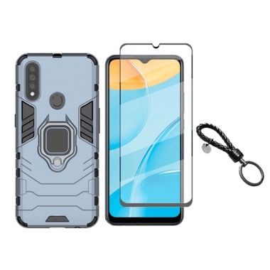 Set 2 in 1 husa antisoc cu inel si folie sticla ceramica pentru Oppo A31, albastru inchis