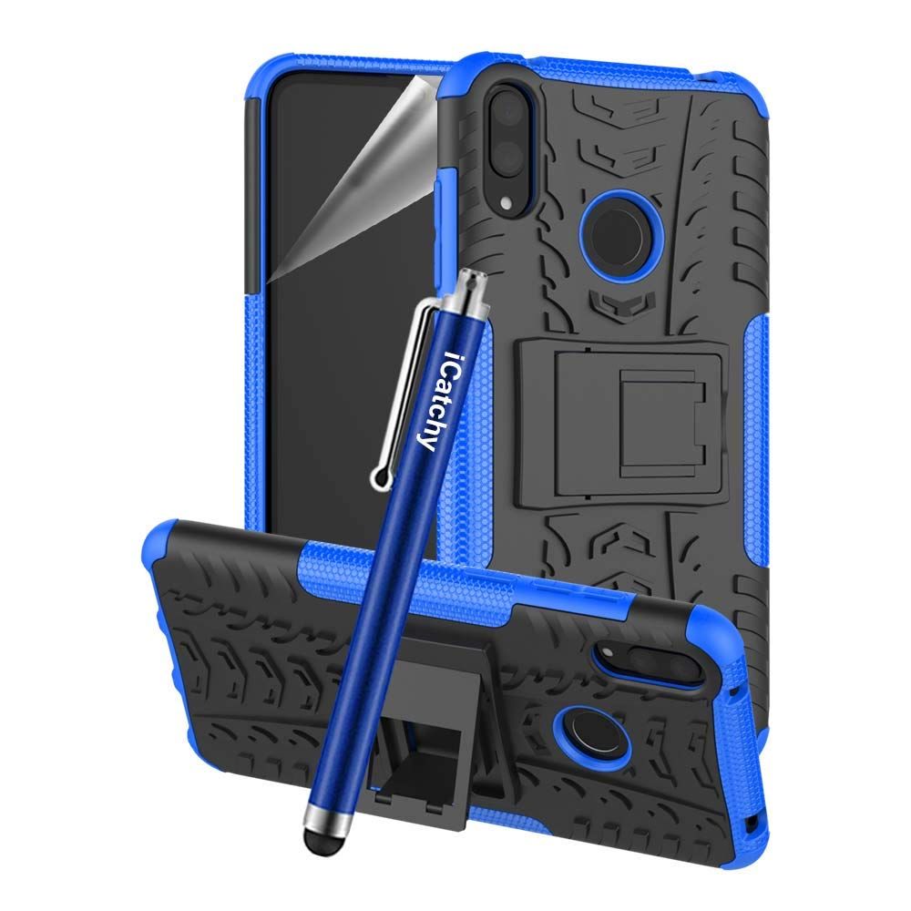 Set 2 in 1 pentru Huawei Y7 Pro 2019, husa antisoc cu inel si folie sticla, albastru inchis