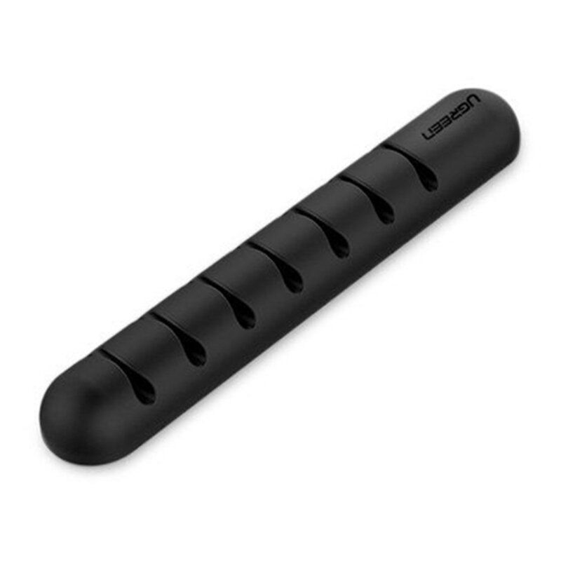 Set 2 organizatoare de cabluri din silicon cu autoadeziv, 4 spatii, negru