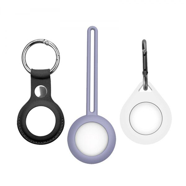Set 3 huse pentru Apple AirTag cu prindere pentru chei, zgarda si geanta, negru, mov, alb 1