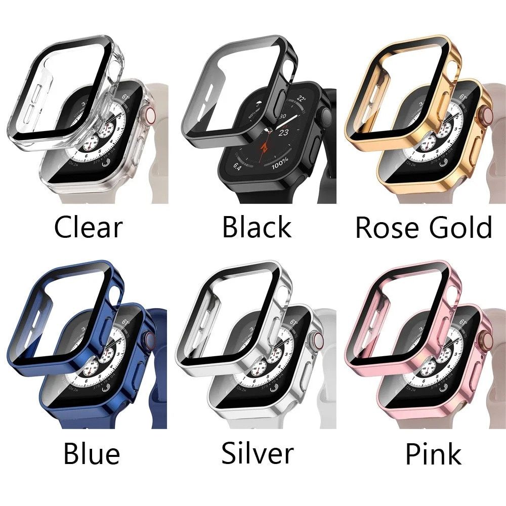 Set 3 huse pentru Apple Watch 40 mm, rama sticla securizata, rama silicon si bumper, roz, alb, transparent 2