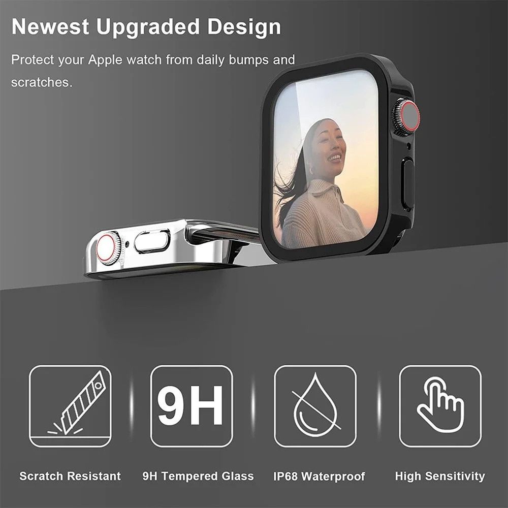 Set 3 huse pentru Apple Watch 40 mm, rama sticla securizata, rama silicon si bumper, roz, alb, transparent 5