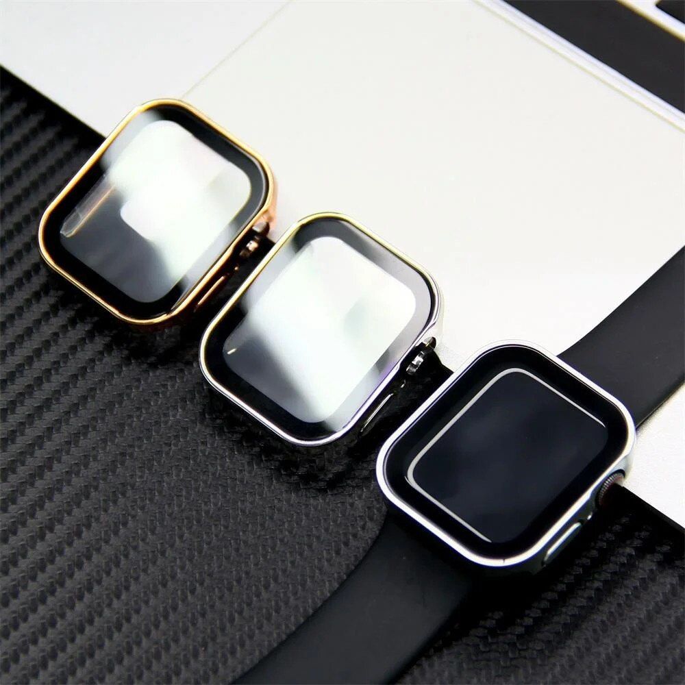 Set 3 huse pentru Apple Watch 41 mm, rama sticla securizata, rama silicon si bumper, roz, alb, transparent 3