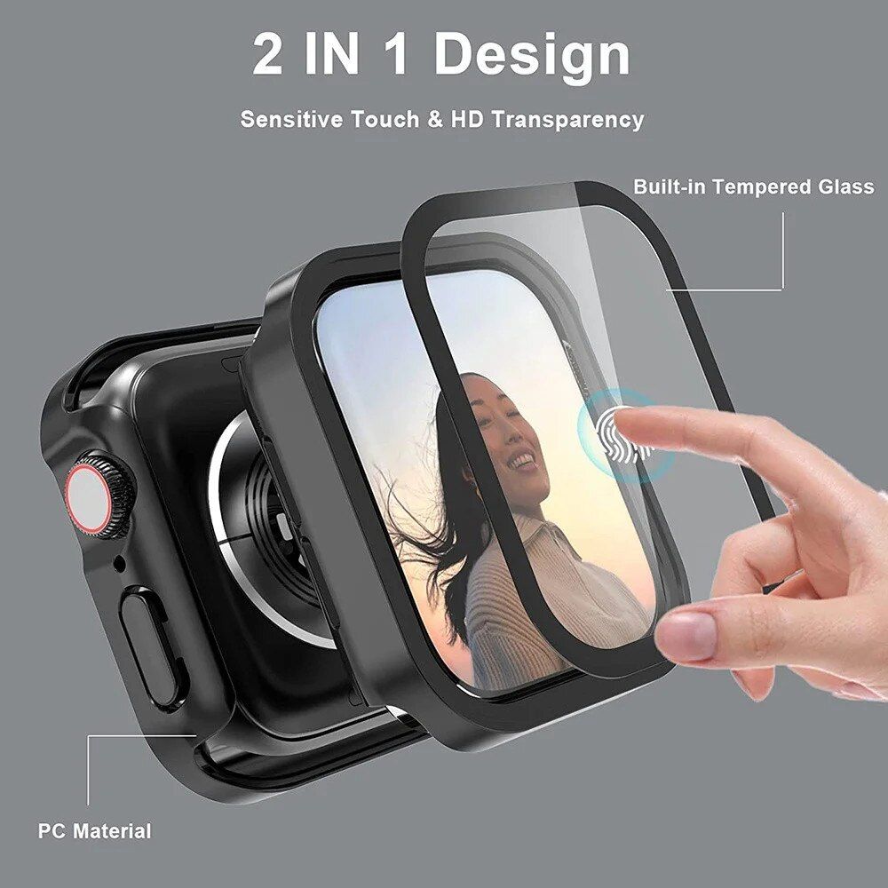 Set 3 huse pentru Apple Watch 41 mm, rama sticla securizata, rama silicon si bumper, roz, alb, transparent 4