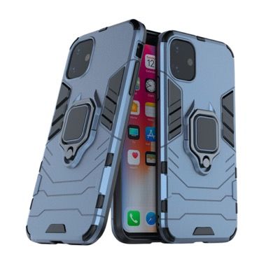 Set 3 in 1 husa antisoc cu inel, folie sticla ceramica si protectie camera pentru iPhone 11, albastru inchis 2