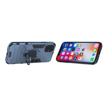 Set 3 in 1 husa antisoc cu inel, folie sticla ceramica si protectie camera pentru iPhone 11, albastru inchis 3