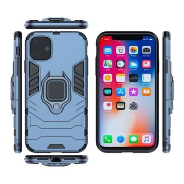 Set 3 in 1 husa antisoc cu inel, folie sticla ceramica si protectie camera pentru iPhone 11, albastru inchis 4