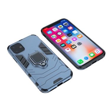 Set 3 in 1 husa antisoc cu inel, folie sticla ceramica si protectie camera pentru iPhone 11, albastru inchis 5