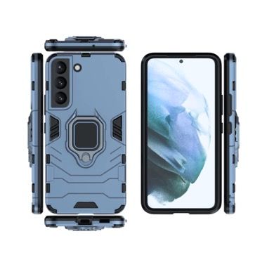 Set 3 in 1 husa antisoc cu inel, folie sticla ceramica si protectie camera pentru Samsung Galaxy S21 FE 5G, albastru inchis 4
