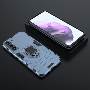 Set 3 in 1 husa antisoc cu inel, folie sticla ceramica si protectie camera pentru Samsung Galaxy S21 FE 5G, albastru inchis 5