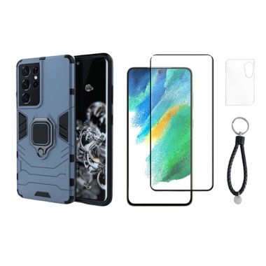 Set 3 in 1 husa antisoc cu inel, folie sticla ceramica si protectie camera pentru Samsung Galaxy S21 Ultra 5G, albastru inchis