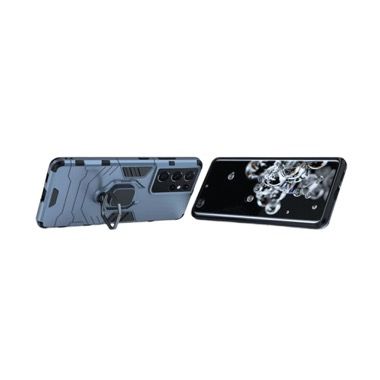 Set 3 in 1 husa antisoc cu inel, folie sticla ceramica si protectie camera pentru Samsung Galaxy S21 Ultra 5G, albastru inchis 3