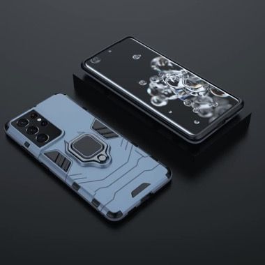 Set 3 in 1 husa antisoc cu inel, folie sticla ceramica si protectie camera pentru Samsung Galaxy S21 Ultra 5G, albastru inchis 5