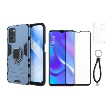 Set 3 in 1 husa antisoc cu inel, folie sticla ceramica si protectie camera pentru Oppo A16 4G, albastru inchis