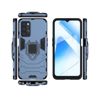 Set 3 in 1 husa antisoc cu inel, folie sticla ceramica si protectie camera pentru Oppo A16 4G, albastru inchis 4