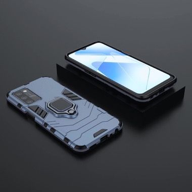 Set 3 in 1 husa antisoc cu inel, folie sticla ceramica si protectie camera pentru Oppo A16 4G, albastru inchis 5