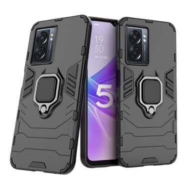 Set 3 in 1 husa antisoc cu inel, folie sticla ceramica si protectie camera pentru Oppo A77 5G, negru 3