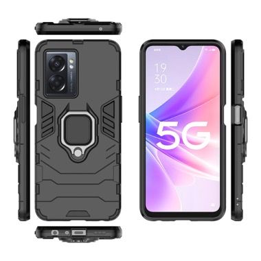 Set 3 in 1 husa antisoc cu inel, folie sticla ceramica si protectie camera pentru Oppo A77 5G, negru 5