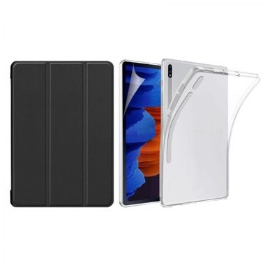 Set 3 in 1 husa carte, husa silicon si folie ecran pentru Samsung Galaxy Tab S7 FE si S7 Plus 12.4, negru
