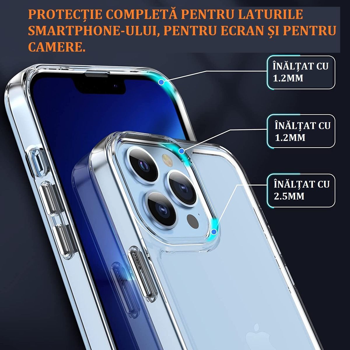 Set 3 in 1 pentru iPhone 11 Pro Max, husa antisoc cu inel, folie sticla si folii camera, albastru inchis