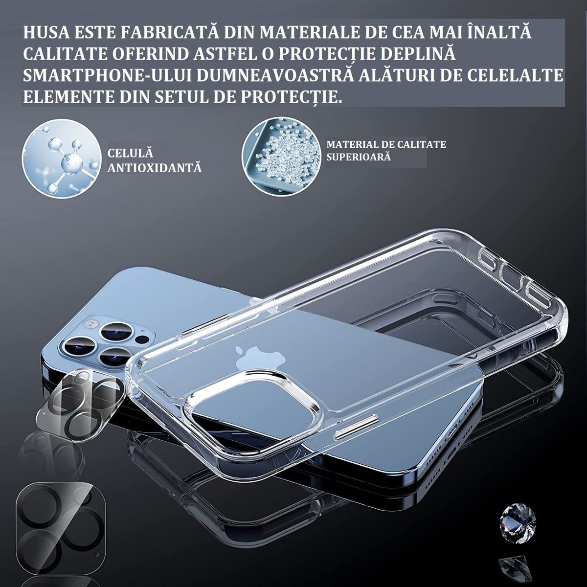 Set 3 in 1 pentru iPhone 11 Pro Max, husa antisoc cu inel, folie sticla si folii camera, albastru inchis 4