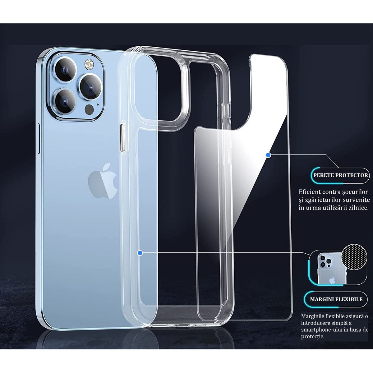 Set 3 in 1 pentru iPhone 11 Pro Max, husa antisoc cu inel, folie sticla si folii camera, albastru inchis 5