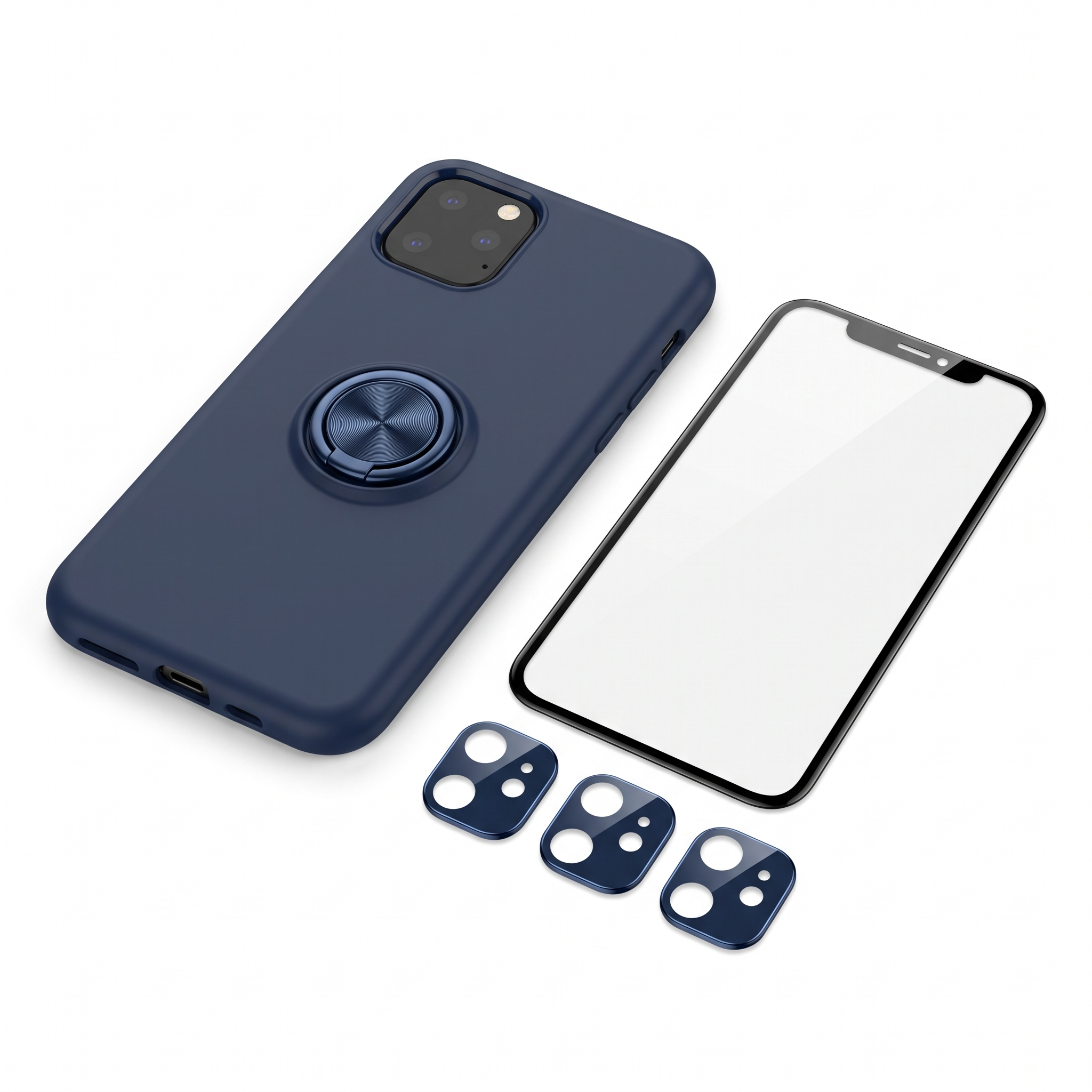 Set 3 in 1 pentru iPhone 11 Pro Max, husa antisoc cu inel, folie sticla si folii camera, albastru inchis