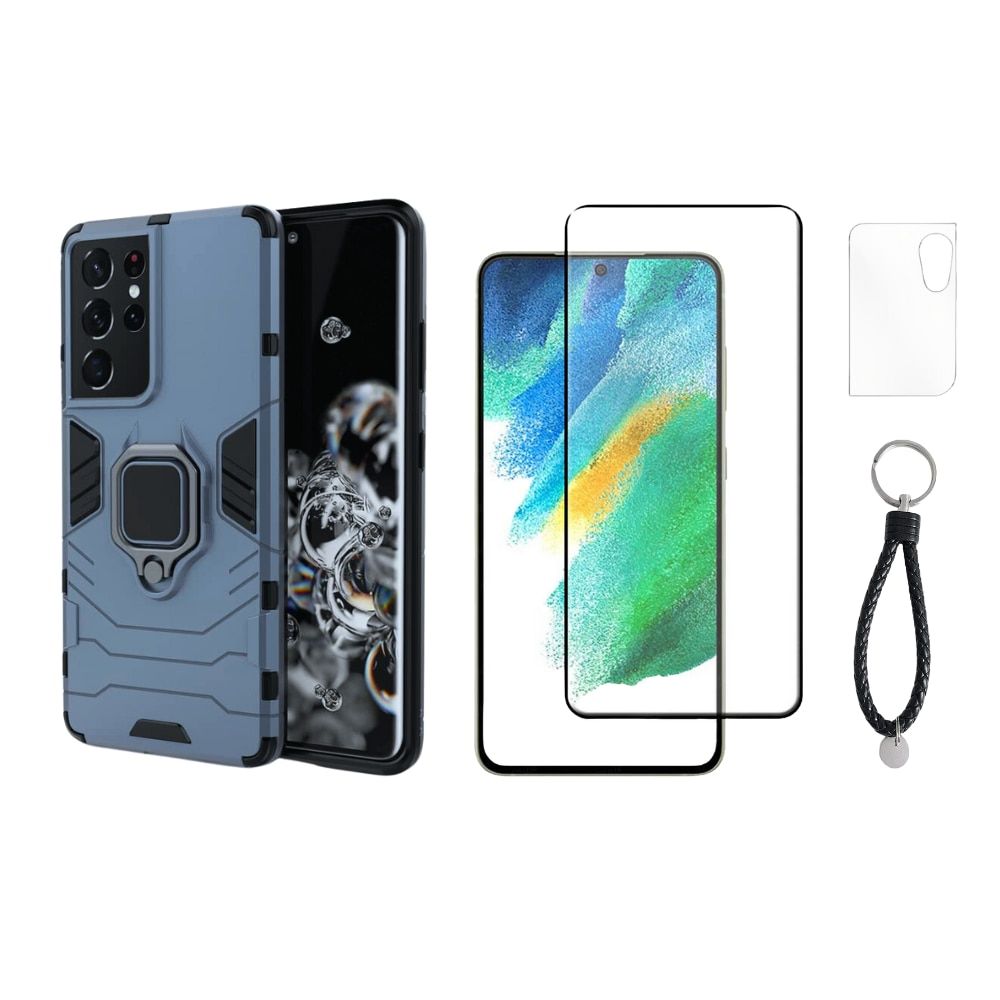Set 3 in 1 pentru Samsung S21 Plus 5G, husa antisoc cu inel, folie sticla si folii camera, albastru inchis