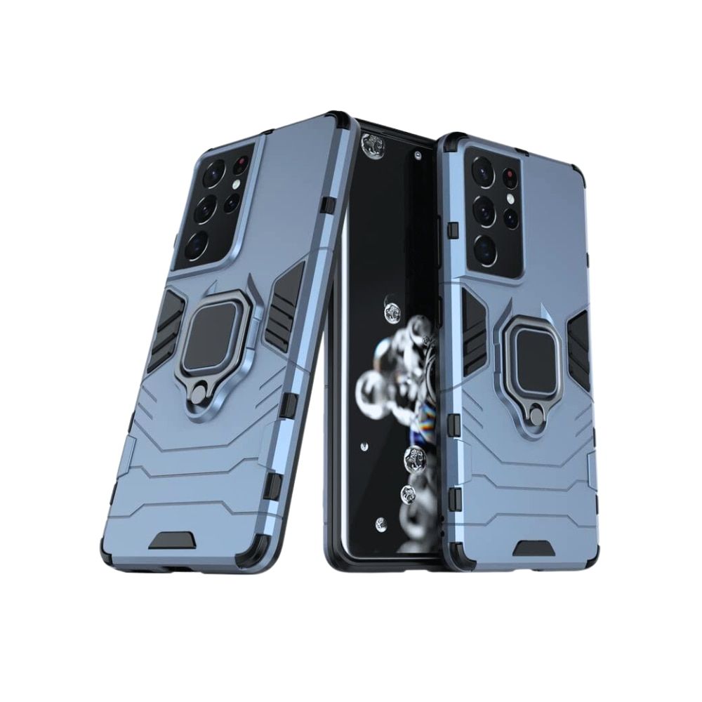 Set 3 in 1 pentru Samsung S21 Plus 5G, husa antisoc cu inel, folie sticla si folii camera, albastru inchis 2