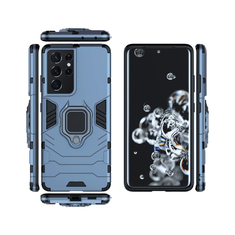 Set 3 in 1 pentru Samsung S21 Plus 5G, husa antisoc cu inel, folie sticla si folii camera, albastru inchis 3