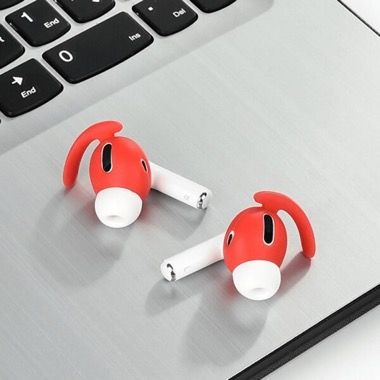 Set 3 perechi huse silicon cu carlig pentru fixare AirPods Pro, negru, alb, rosu 5