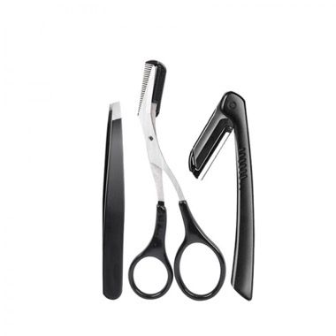 Set 3 piese stilizare sprancene Focstar, trimmer pliabil 30 mm, forfecuta cu pieptene, penseta inox, negru