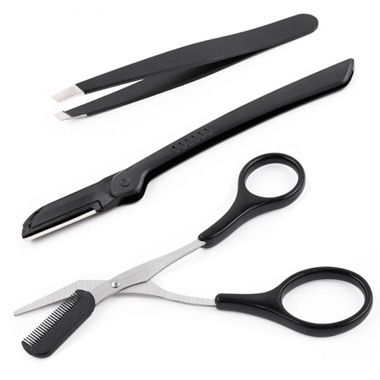Set 3 piese stilizare sprancene Focstar, trimmer pliabil 30 mm, forfecuta cu pieptene, penseta inox, negru 2
