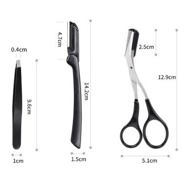 Set 3 piese stilizare sprancene Focstar, trimmer pliabil 30 mm, forfecuta cu pieptene, penseta inox, negru 4