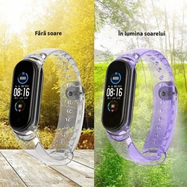 Set 4 curele silicon pentru Xiaomi Mi Band 7, culoare foto-sensibila, roz verde transparent-mov crem 3