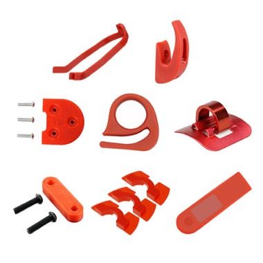 Set 8 piese pentru Xiaomi M365: suport aripa, carlige, inaltatoare, clips cabluri, 3 amortizoare, husa dashboard, rosu 2
