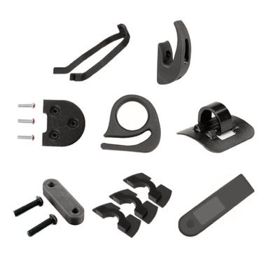 Set 8 piese pentru Xiaomi M365: suport aripa, carlige, inaltatoare, clips cabluri, 3 amortizoare, husa dashboard, negru
