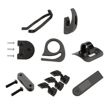 Set 8 piese pentru Xiaomi M365: suport aripa, carlige, inaltatoare, clips cabluri, 3 amortizoare, husa dashboard, negru 2