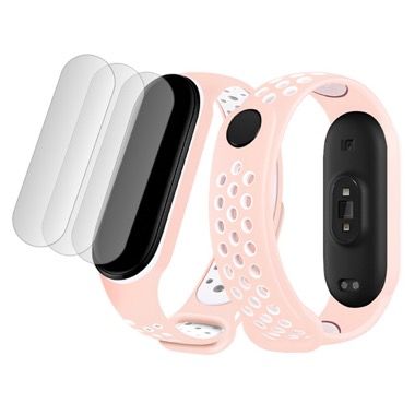 Set curea silicon Bermek si 3 folii pentru Xiaomi Mi Band 4 si Mi Band 3, alb-roz 5