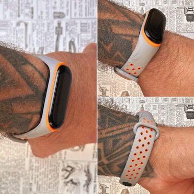 Set curea silicon Bermek si 3 folii pentru Xiaomi Mi Band 4 si Mi Band 3, gri-portocaliu 2