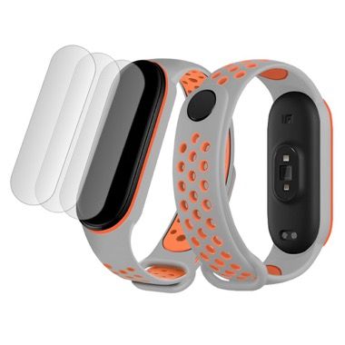 Set curea silicon Bermek si 3 folii pentru Xiaomi Mi Band 4 si Mi Band 3, gri-portocaliu 7