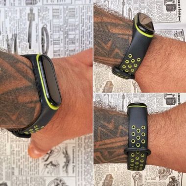 Set curea silicon si 3 folii de protectie pentru Xiaomi Mi Band 4 si Mi Band 3, Bermek, negru cu verde 3
