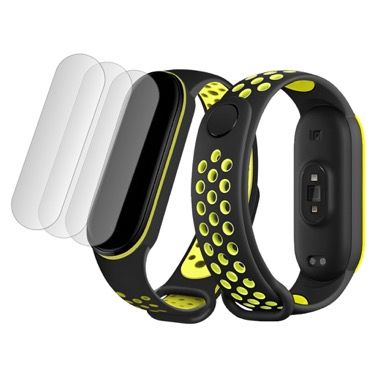 Set curea silicon si 3 folii de protectie pentru Xiaomi Mi Band 4 si Mi Band 3, Bermek, negru cu verde 7