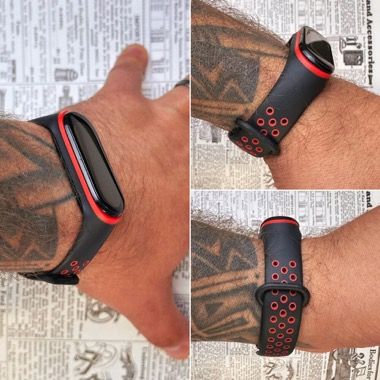Set curea silicon si 3 folii de protectie pentru Xiaomi Mi Band 4 si Mi Band 3, Bermek, negru cu rosu 2