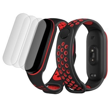 Set curea silicon si 3 folii de protectie pentru Xiaomi Mi Band 4 si Mi Band 3, Bermek, negru cu rosu 7