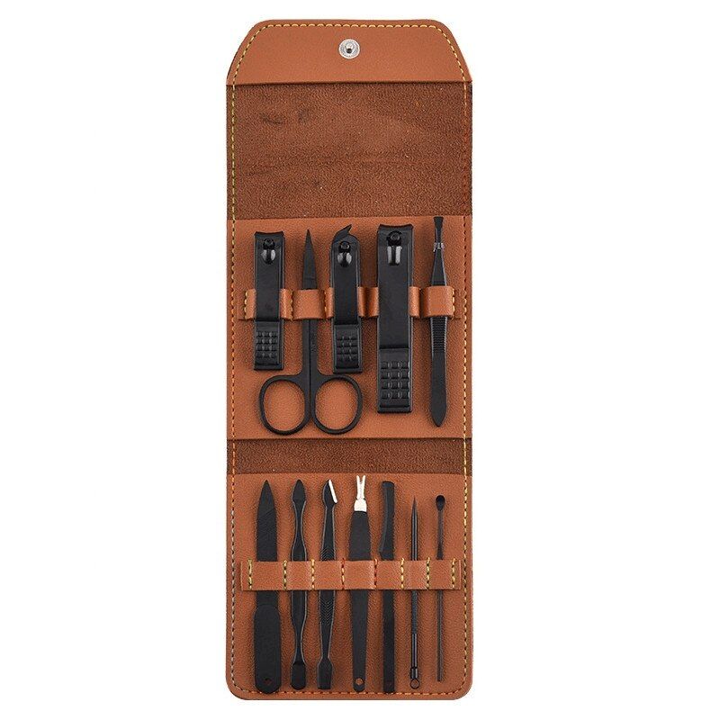 Trusa unghii Focstar 15 piese, manichiura, puncte negre, penseta, curatare urechi, clutch, negru