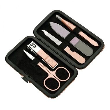 Trusa unghii Focstar 5 piese, unghiera, foarfeca, pila, penseta, cutie depozitare, roz gold 2