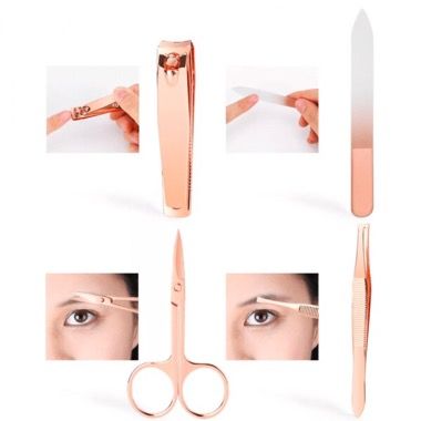 Trusa unghii Focstar 5 piese, unghiera, foarfeca, pila, penseta, cutie depozitare, roz gold 4