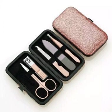 Trusa unghii Focstar 5 piese, unghiera, foarfeca, pila, penseta, cutie depozitare, roz gold 6
